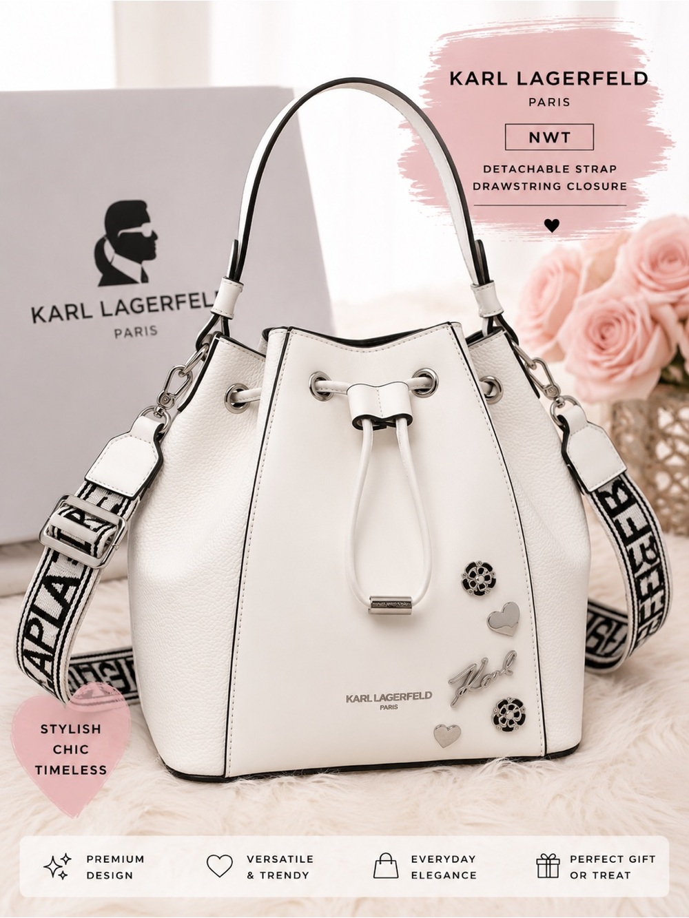 NWT Karl Lagerfeld Paris Adele White Bucket Shoulder Bag -Logo Strap MSRP $198